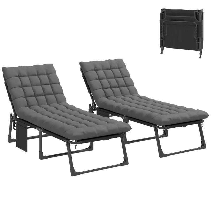 Outsunny Conjunto de 2 Espreguiçadeiras Dobráveis com Apoio de Cabeça, Almofadas, Bolso Lateral e Encosto Reclinável em 5 Posições, Cinzento Escuro