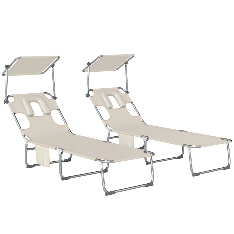 Outsunny Conjunto de 2 Espreguiçadeiras Dobráveis com Dossel 360° Encosto 5 Posições Orifício Facial e Textilene 550 g/m² 188x56x27 cm Bege