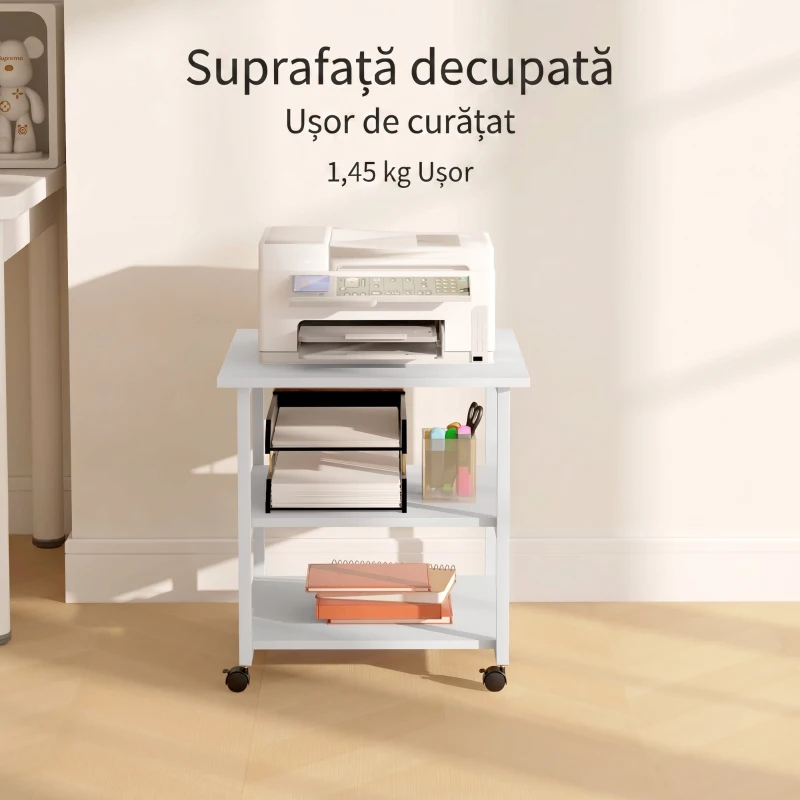 HOMCOM Raft Mobil pentru Imprimantă cu 3 Etajere și 4 Roți, Lemn și Oțel, 50x50x52,5cm, Alb