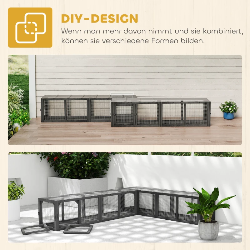 PawHut Katzentunnel Katzenspielzeug aus Holz mit 3 Türen, erweiterbar Spieltunnel für Katzen bis 10 kg, 151,5 x 38,5 cm Grau