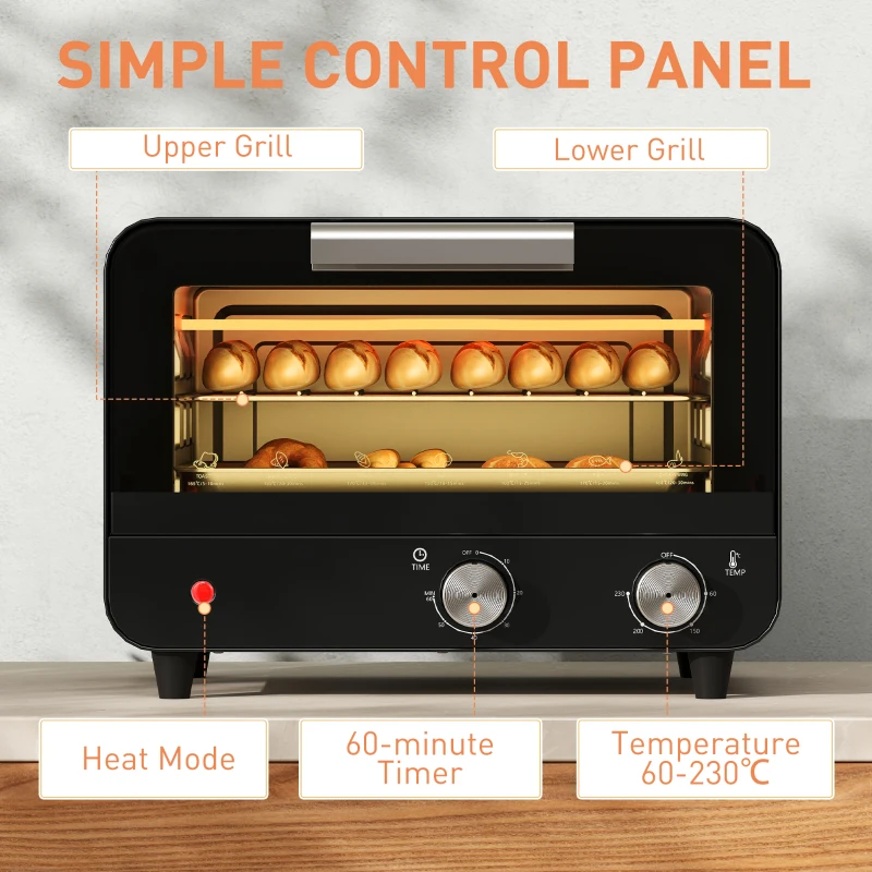 HOMCOM Small Toaster Oven, 12L Multifunction Mini Countertop Oven with Glass Door, Adjustable Temperature and Timer, Black
