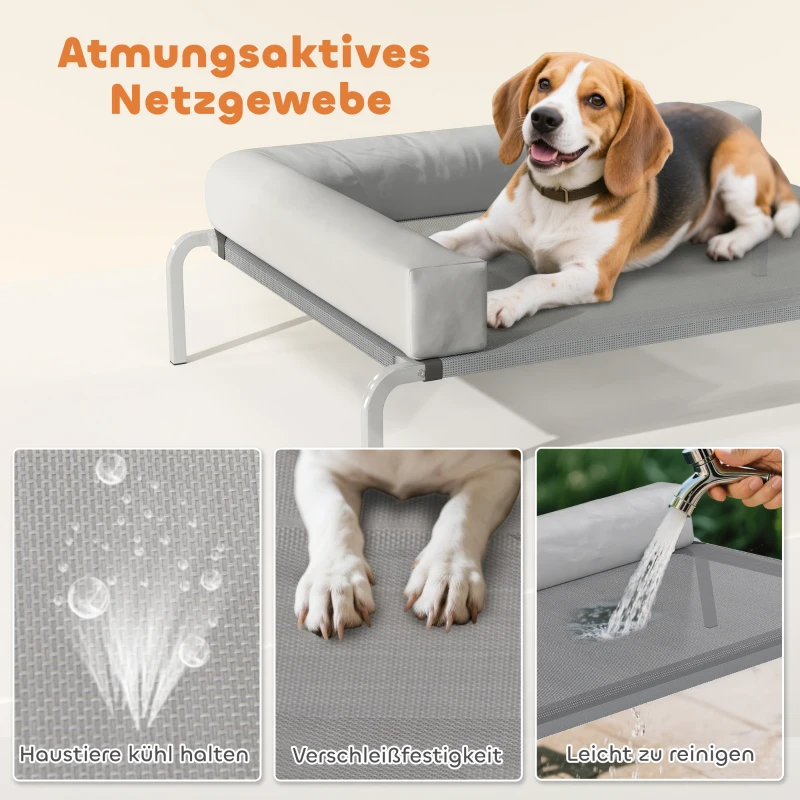 PawHut Hundeliege Outdoor, Erhöhtes Hundebett für Mittelgroße Hunde, mit L-förmige Kissen 110x75x30cm, Hellgrau