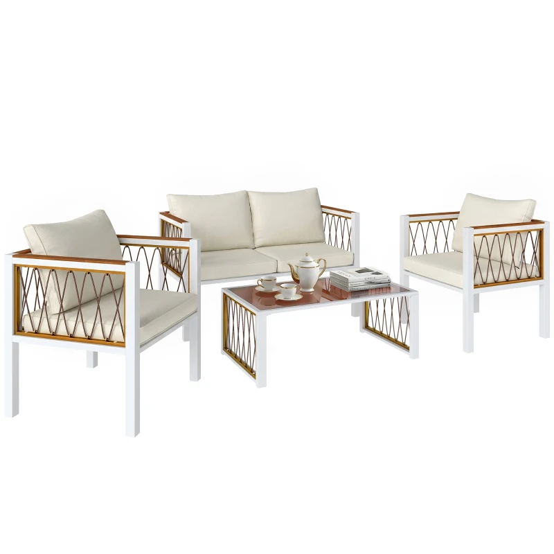Outsunny 4 Piece Rattan Garden Furniture Set with Loveseat, 2 Armchairs, Table, Metal Frame Patio Conversation Set, Cream White