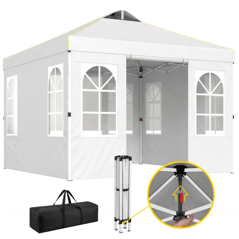 Outsunny Tenda Dobrável 3x3 m Pop-up com UPF 50+, 4 Laterais Removíveis, Altura Ajustável e Bolsa de Transporte, Branco