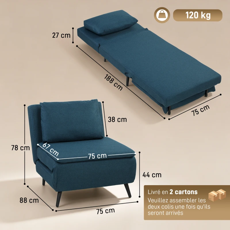 HOMCOM Sillón Convertible 1 Plaza, Sillón-Cama Clic-Clac 3 en 1 con Respaldo Regulable, Almohada, Asiento Amplio, Azul