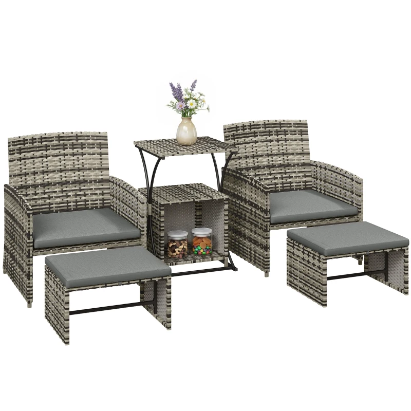 Outsunny 6 Piece Rattan Garden Furniture, Space-Saving Patio Furniture Set with Nesting Tables, Chairs, Stools, Cushions, Grey