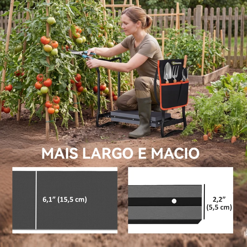 Outsunny Banco de Jardim Dobrável com Almofada de EVA e Bolsa para Ferramentas na Cintura, Carga 150 kg