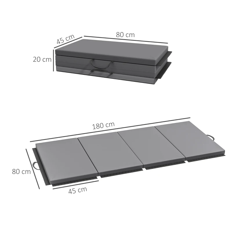 HOMCOM Tapis de gymnastique yoga pilates fitness pliable en 4 avec poignées revêtement synthétique 180 x 80 x 5 cm gris
