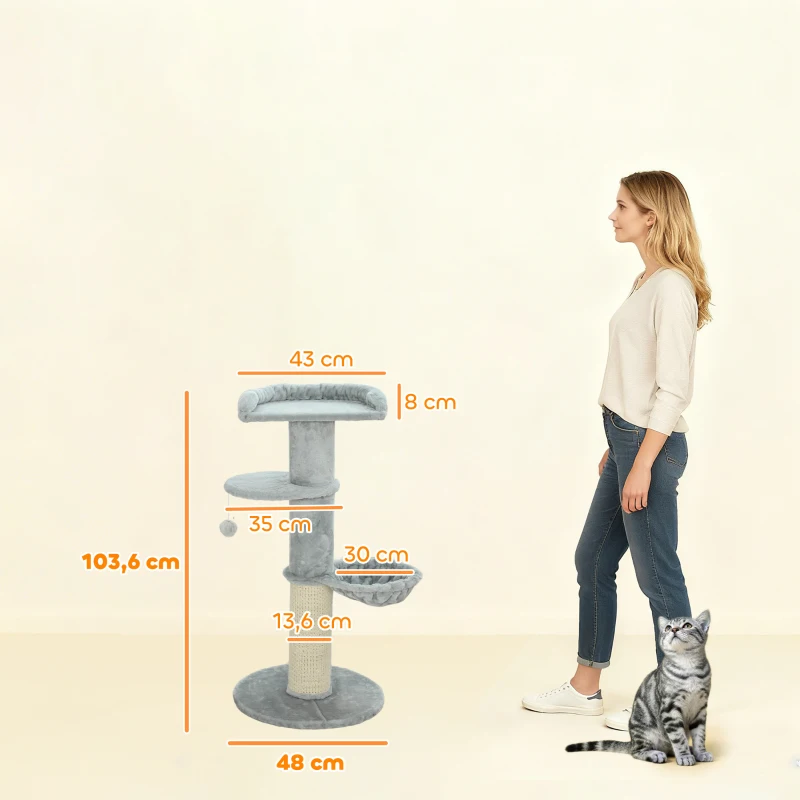 PawHut Árbol Rascador para Gatos 103,5 cm con Cama Hamaca Plataforma Poste de Sisal Grueso Bola Colgante Gris Claro