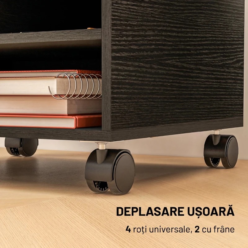 HOMCOM Dulap Mobil pentru Imprimantă cu 2 Rafturi, din Lemn cu Roți, pentru Birou și Studio, 47x40x22,5 cm, Negru