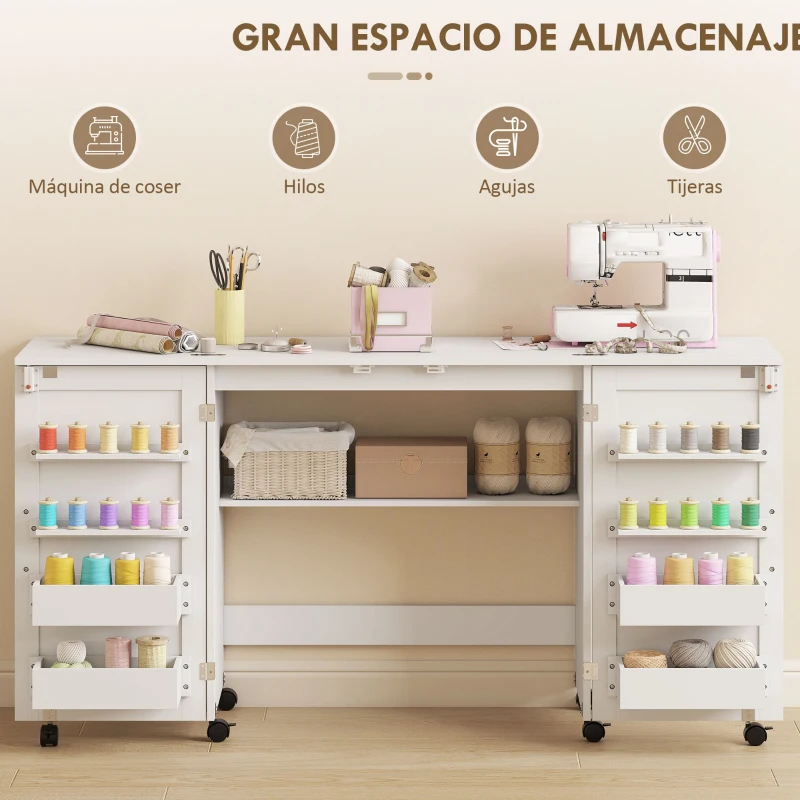 HOMCOM Mesa de Costura Plegable con 6 Ruedas 20 Clavijas para Hilos 4 Compartimentos Estante Blanco