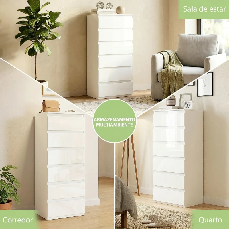 HOMCOM Cómoda 6 Gavetas Cómoda Quarto Estreita 40x35x109 cm Branco Brilhante