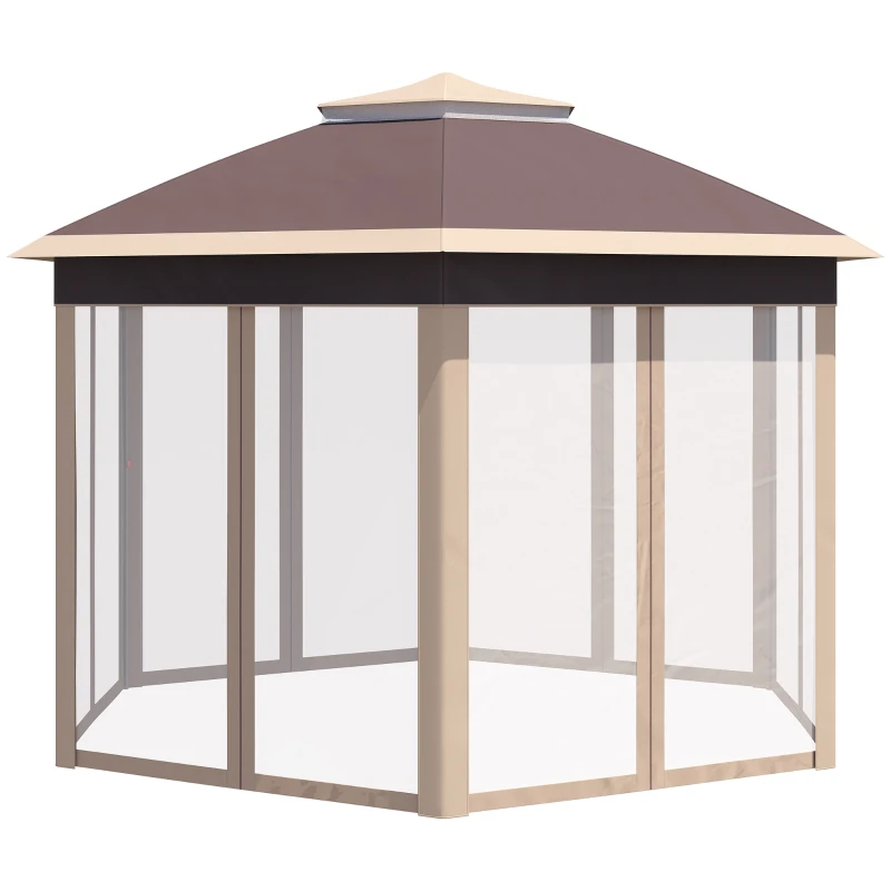 Outsunny tuinpaviljoen opvouwbaar tuinhuisje 4 x 4 m pop-up tent partytent incl. draagtas 6 zijpanelen dubbel dak zeshoekig beige + kaki