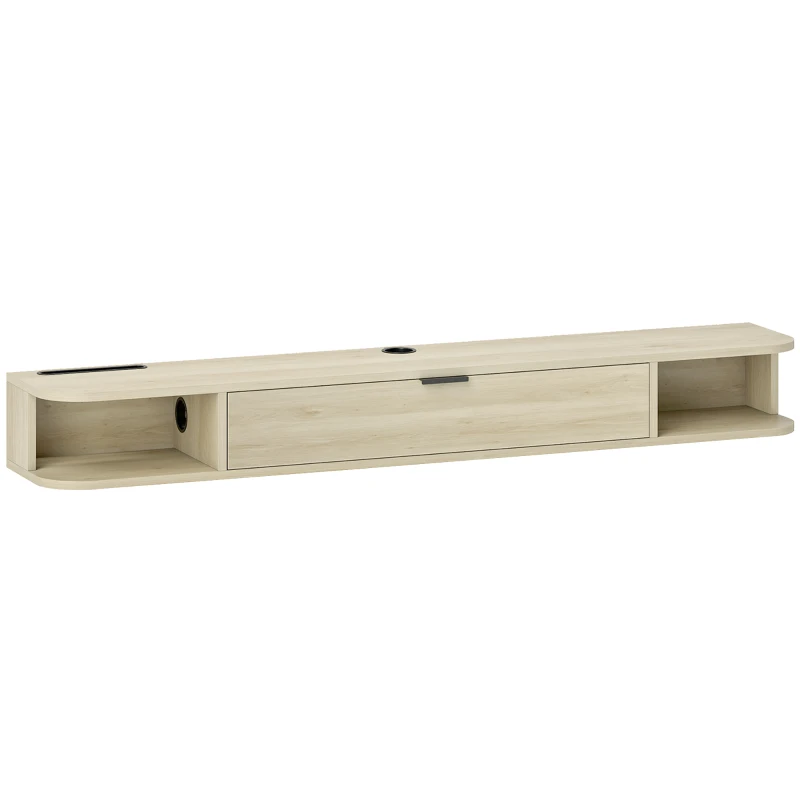 HOMCOM Meuble TV suspendu, meuble télé pour téléviseur jusqu'à 60 pouces, tiroir rabattable 2 étagères 140x24x16cm bois naturel