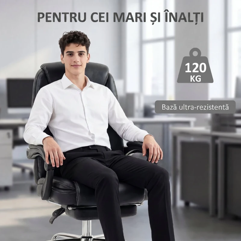 HOMCOM Scaun de birou rabatabil cu suport pentru picioare retractabil, din piele PU, capacitate de 120 kg, negru