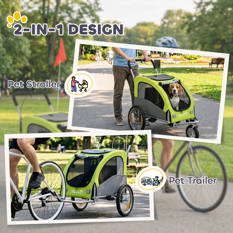 PawHut 2 in 1 Dog Bike Trailer, Foldable Pet Stroller, Dog Bicycle Trailer with Suspension, for Medium Dogs up to 20kg, Green