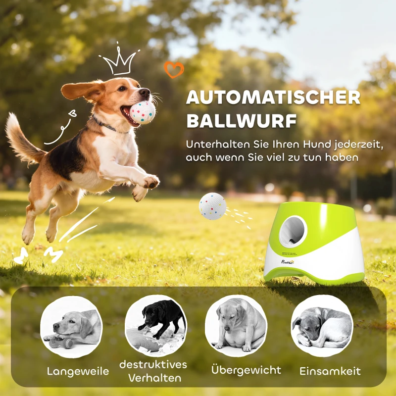 PawHut Automatischer Ballwerfer Interaktive Ballwurfmaschine mit 3 Bälle 3 Distanzen 6m/10 m/14m für kleine mittlere Hunde Grün