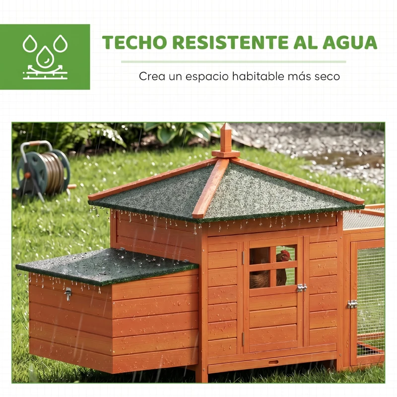 PawHut Gallinero de Madera Exterior Jaula para Gallinas con Nidos Corral Bandeja Extraíble Tapa Abatible 196x76x97 cm Naranja