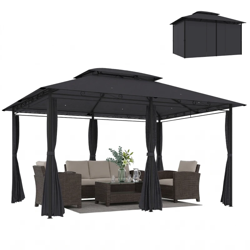 Outsunny Pérgola de Jardim 3x4 m com Teto Duplo 6 Paredes Laterais Estrutura Metálica Drenagem Pérgola para Exterior  Cinzento
