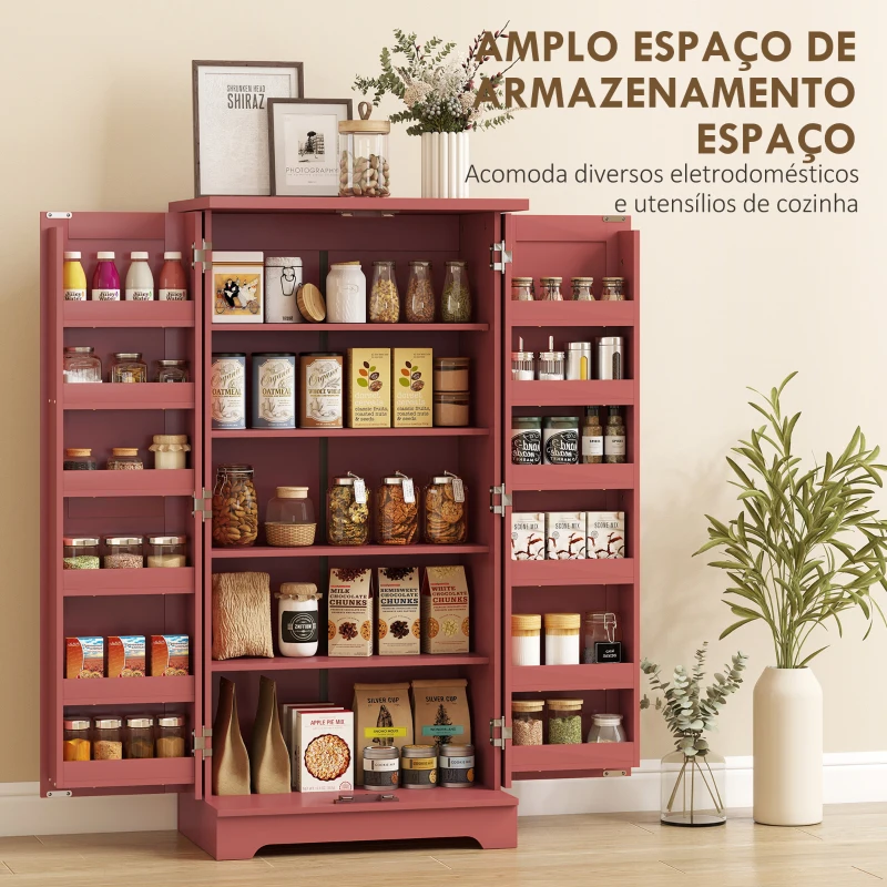 HOMCOM Aparador de Cozinha Armário de Cozinha 5 Níveis com Portas e Prateleiras Ajustáveis 60x40x120 cm Grão de Madeira Vermelho
