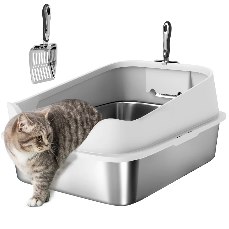 PawHut Katzentoilette Edelstahl Offene Katzenklo mit Schaufel hohem Rand für große Katzen bis 7 kg, 60,2 x 40,2 x 29,7 cm, Grau