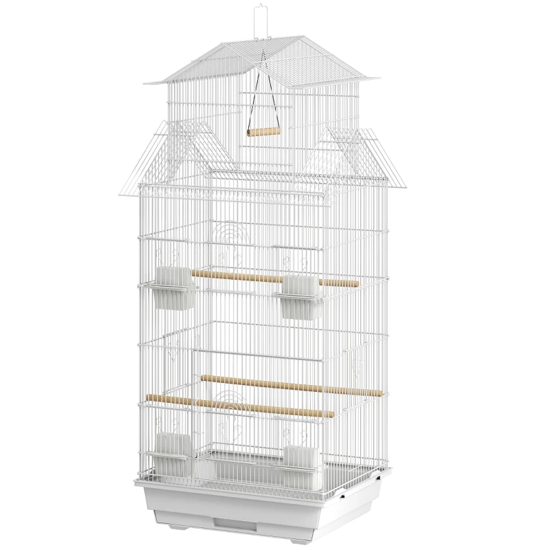 PawHut Jaula para Pájaros de Acero con Comederos Perchas Columpio y Bandeja Extraíble 50,5x41x104 cm Blanco