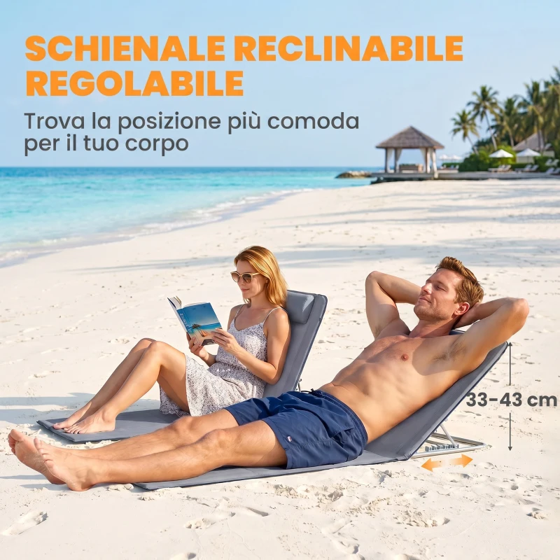 Outsunny Set 2 Sdraio da Spiaggia con Schienale Regolabile su 5 Livelli, Poggiatesta e Borsa da Viaggio, Lettini Spiaggia Pieghevoli Portatili in Acciaio e PE, 134x48x33-43 cm, Grigio
