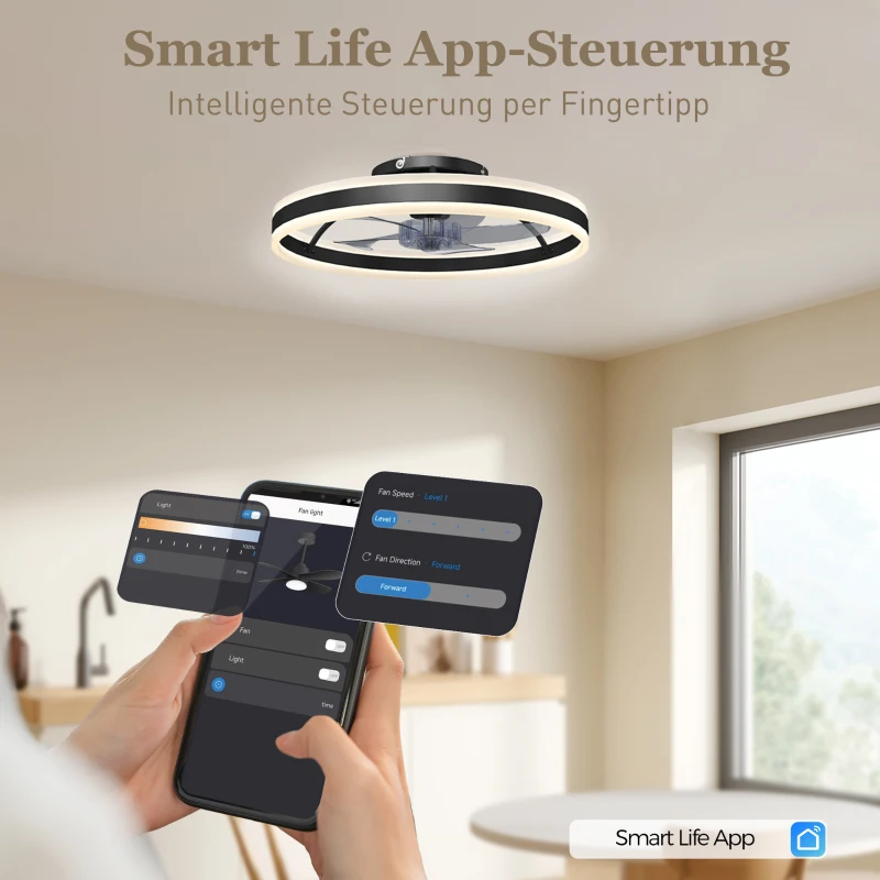HOMCOM Deckenventilator mit Licht und Fernbedienung, LED-Deckenventilator mit 3 Farbtemperaturen, 6 Geschwindigkeiten, 50 cm