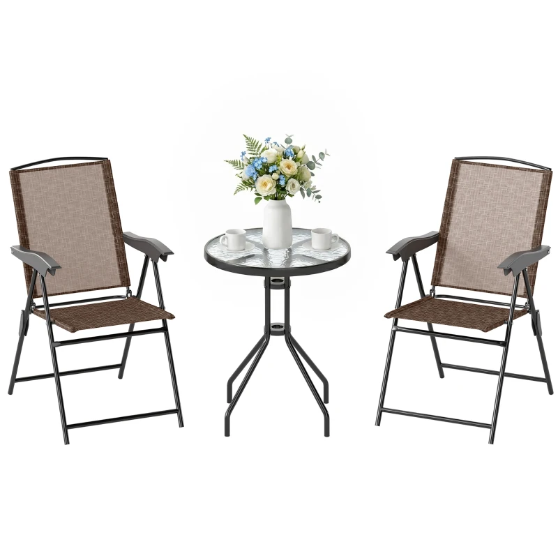 Outsunny Conjunto Mesa y 2 Sillas Muebles para Jardín Exterior Patio Terraza Silla Plegable Respaldo Reclinable a 4 Niveles Texteline Marco Acero Marrón