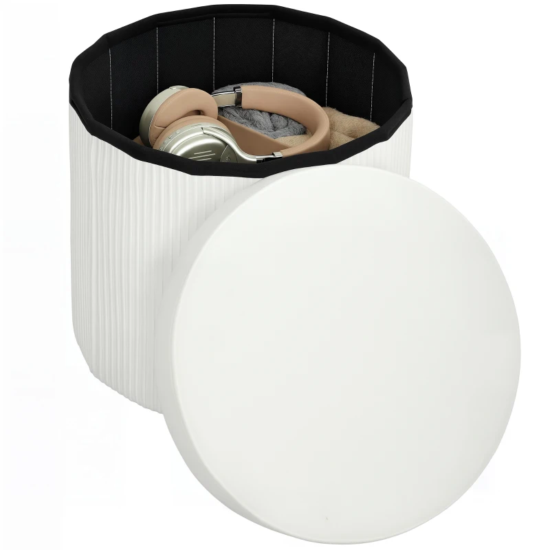HOMCOM Puff Almacenaje Banco Almacenaje Plegable 35 L 38x38x38 cm Tapizado en Terciopelo Baúl de Almacenamiento Redondo Crema