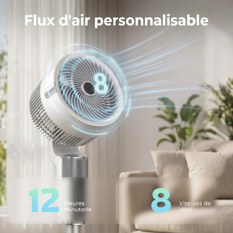 HOMCOM Ventilateur sur pied silencieux 20 dB pour chambre, ventilateur avec oscillation à 90°, 8 vitesses et lumière LED, blanc