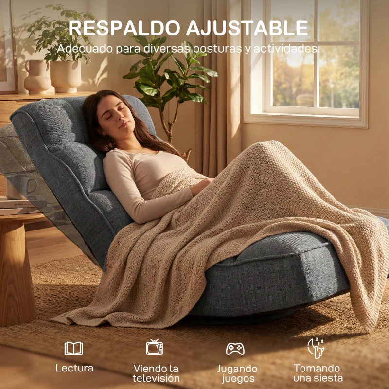 HOMCOM Silla de Suelo Plegable Silla de Lectura Giratoria 360° con Respaldo Ajustable en 5 Posiciones 58x107x79 cm Gris