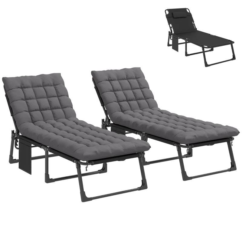 Outsunny Set de 2 Tumbonas Plegables con Reposacabezas Cojines Bolsillo Lateral y Respaldo Reclinable 5 Posiciones Gris Oscuro
