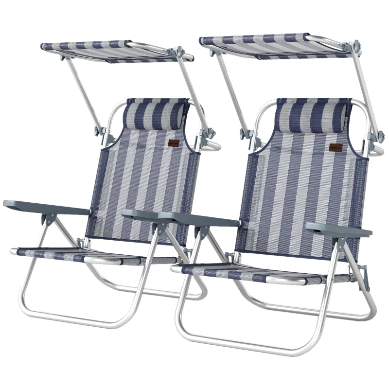 Outsunny Conjunto de 2 Cadeiras de Praia Dobráveis com Toldo Ajustável, Encosto Reclinável em 6 Posições e Apoio de Cabeça, Azul e Branco