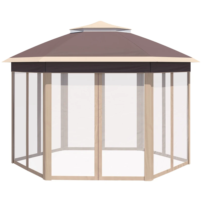 Outsunny tuinpaviljoen opvouwbaar tuinhuisje 4 x 4 m pop-up tent partytent incl. draagtas 6 zijpanelen dubbel dak zeshoekig beige + kaki