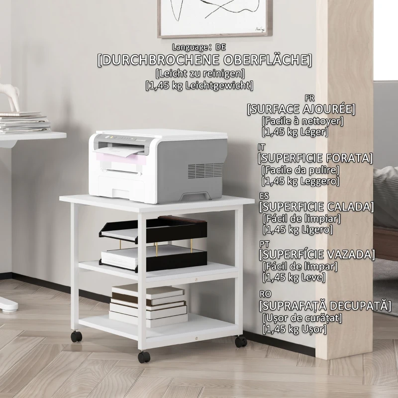 HOMCOM Raft Mobil pentru Imprimantă cu 3 Etajere și 4 Roți, Lemn și Oțel, 50x50x52,5cm, Alb