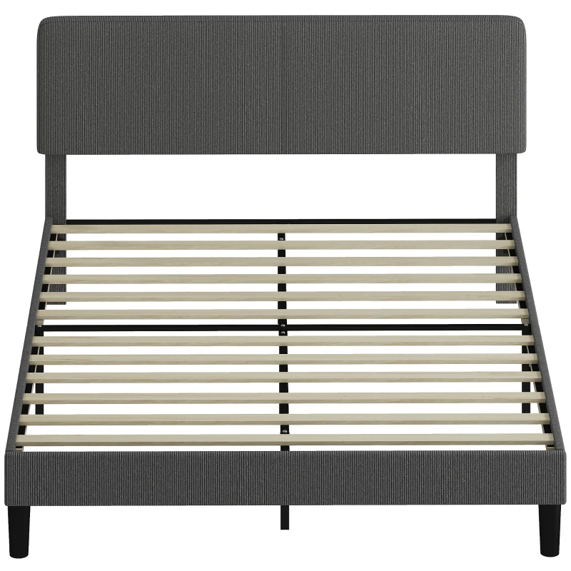 HOMCOM Cama 160x200 cm com Cabeceira Ajustável Estofada em Bombazina Ripas de Madeira Montagem Fácil Cinza Escuro