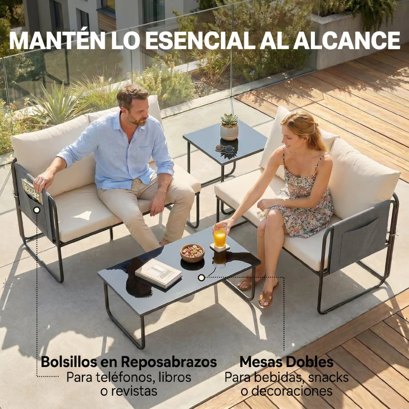 Outsunny Conjunto Jardín Exterior de 4 Piezas con 2 Sofás 2 Plazas 2 Mesas de Vidrio Cojines Fundas Extraíbles y Bolsillos Caqui