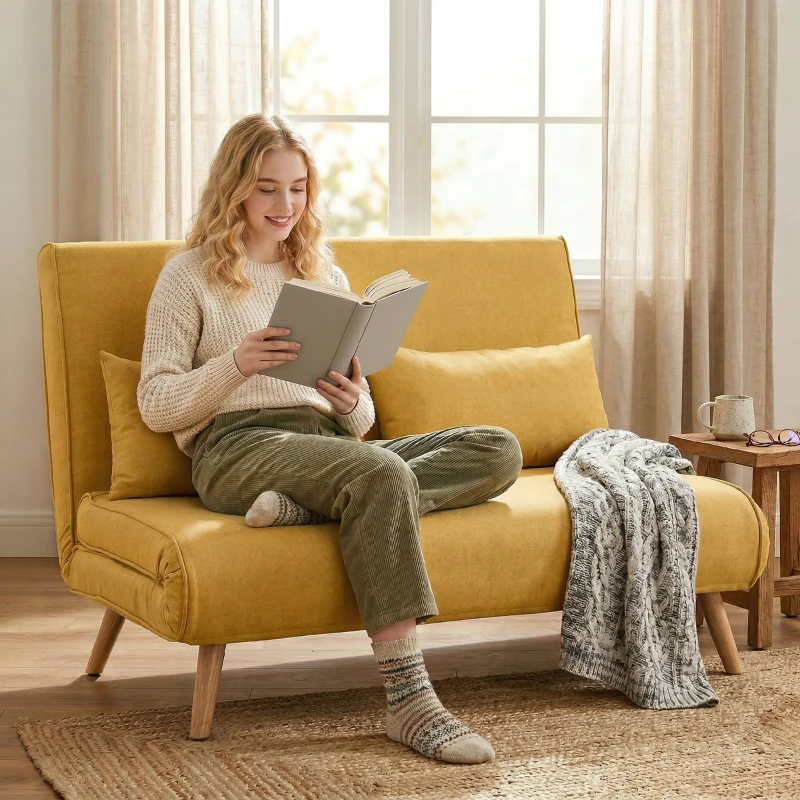 HOMCOM Sofá Cama de 2 Plazas Plegable Sofá Cama Tapizado en Lino con Respaldo Ajustable 5 Posiciones 2 Almohadas Amarillo