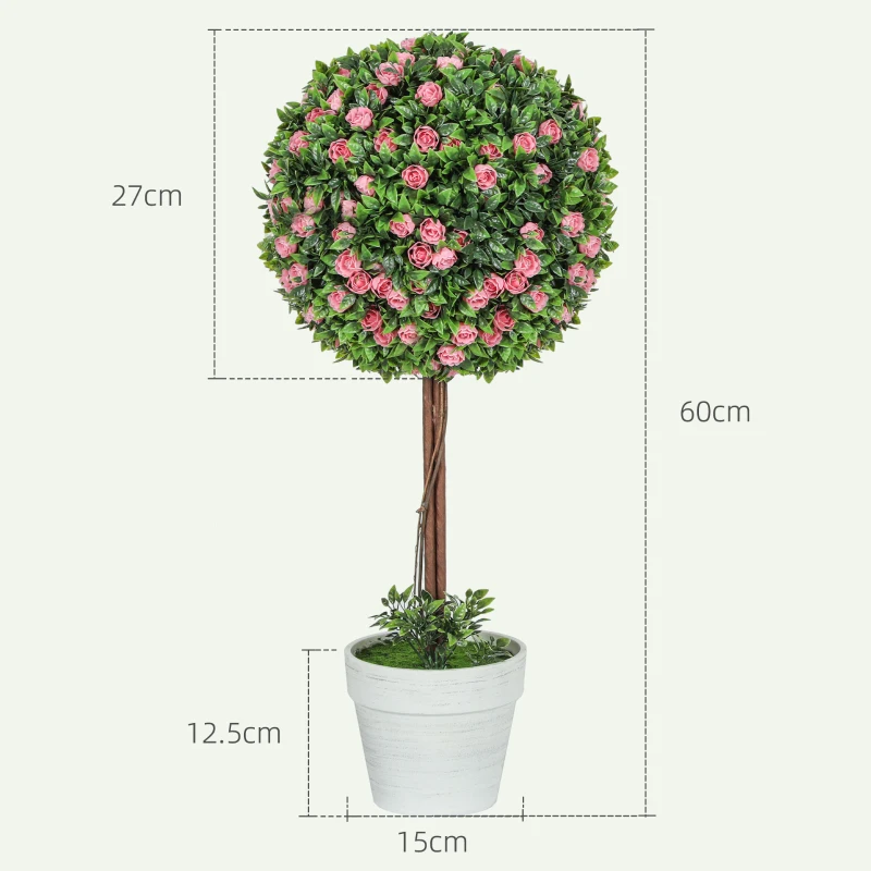 HOMCOM Set of 2 Decorative Artificial Plants, Ball Topiary Tree with Rose Flower in Pot, Fake Plants for Home Indoor Outdoor Decor, 60cm, Pink