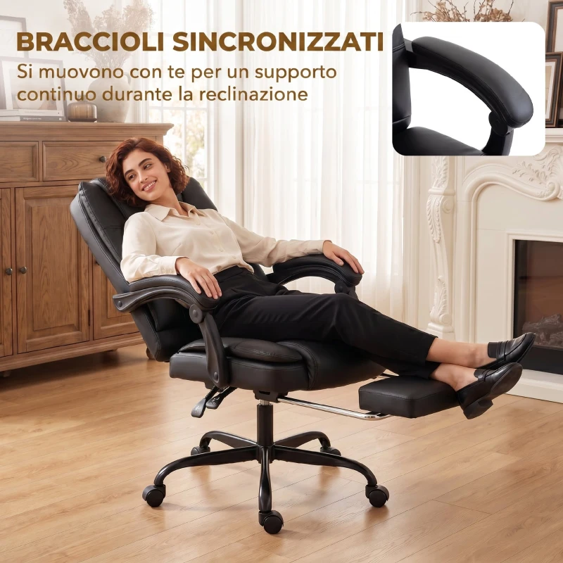 HOMCOM Sedia Ufficio Ergonomica Reclinabile Girevole in Pelle PU con Poggiapiedi, Altezza Regolabile, Nero