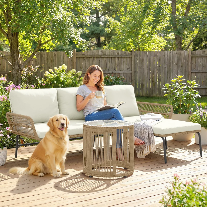 Outsunny Conjunto de Muebles de Jardín Exterior de Ratán con Sofá de 2 Plazas Chaise Longue Cojines y Mesa Auxiliar Crema