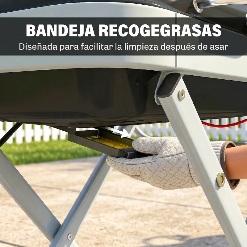 Outsunny Barbacoa de Gas Plegable con Quemador 2,5 kW Tapa Termómetro Mesa Lateral y 2 Ruedas Parrilla Recogedor Grasa Negro