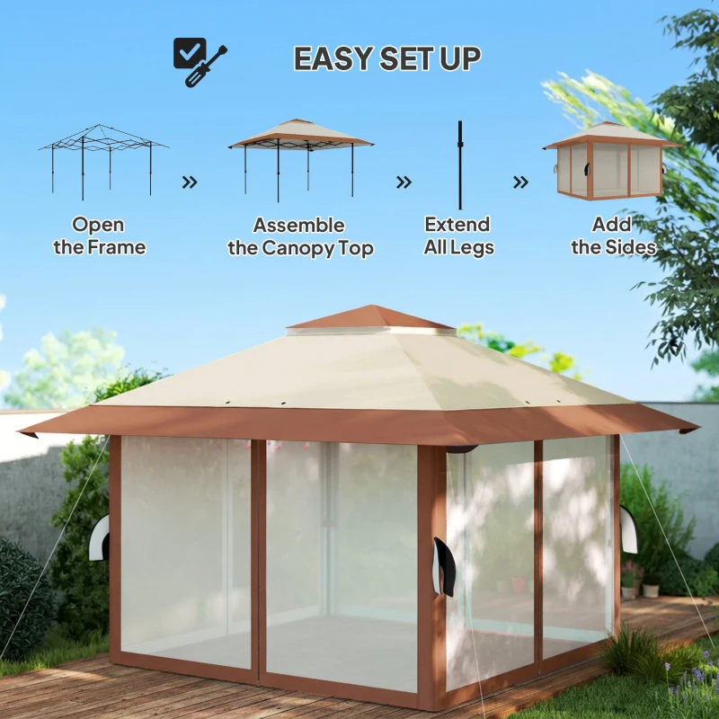 Outsunny 4 x 4 m Garten-Pavillon, Gartenzelt mit Netzwänden, UPF50+ Schutz, Höhenverstellbares Partyzelt, Beige