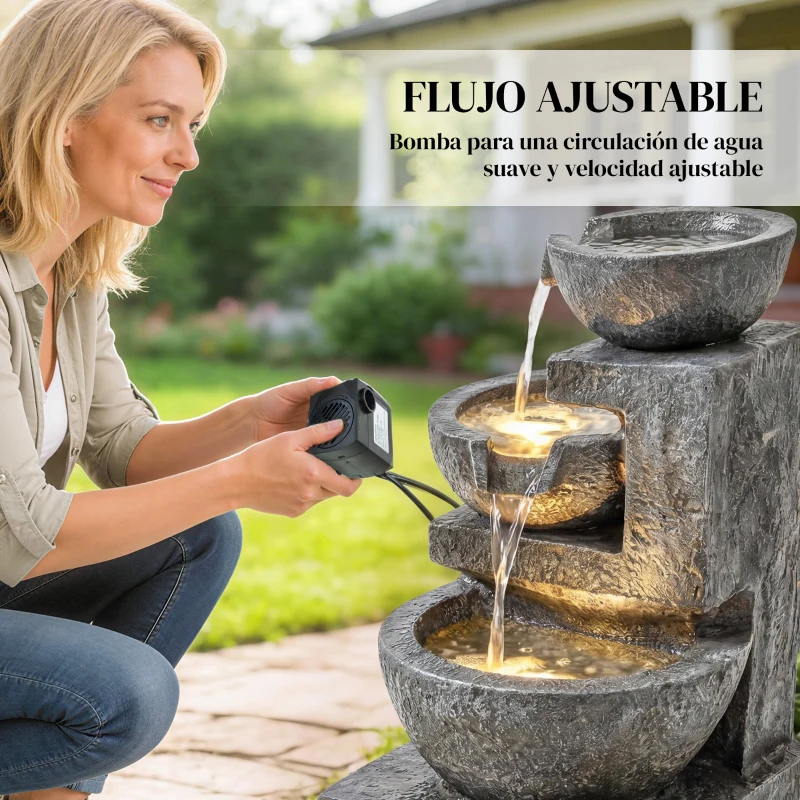 Outsunny Fuente de Jardín con Iluminación LED y Bomba Fuente Decorativa en Cascada de 3 Niveles 40x37x61 cm Multicolor