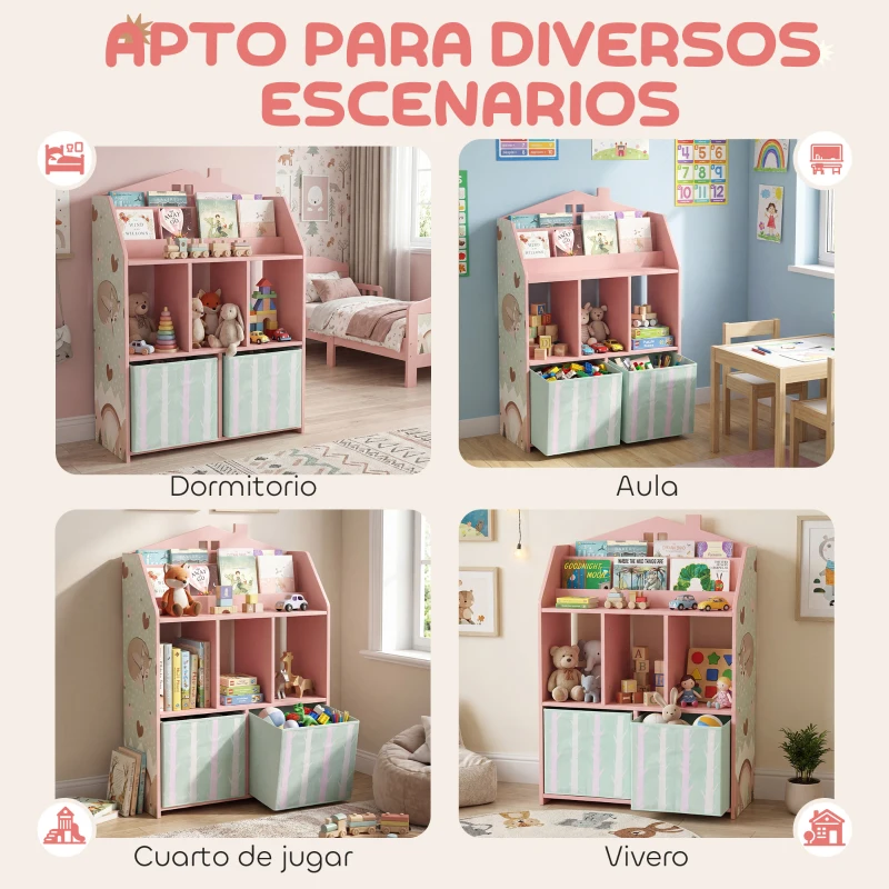 AIYAPLAY Estantería Infantil para Juguetes con Cajones de Tela Estantes Abiertos Diseño de Zorros Organizador de Juguetes Rosa