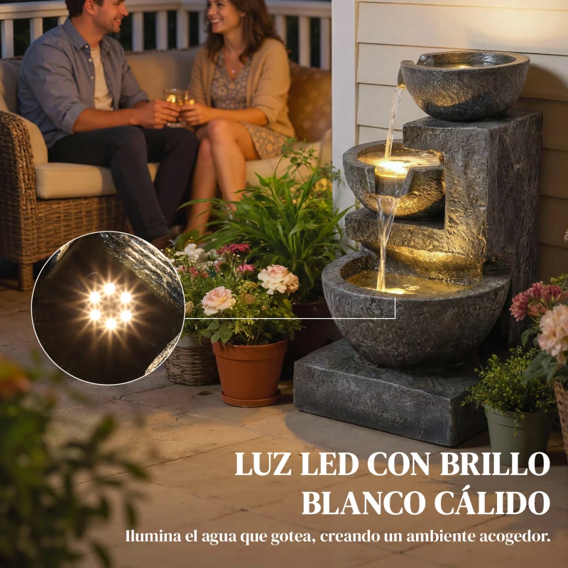 Outsunny Fuente de Jardín con Iluminación LED y Bomba Fuente Decorativa en Cascada de 3 Niveles 40x37x61 cm Multicolor