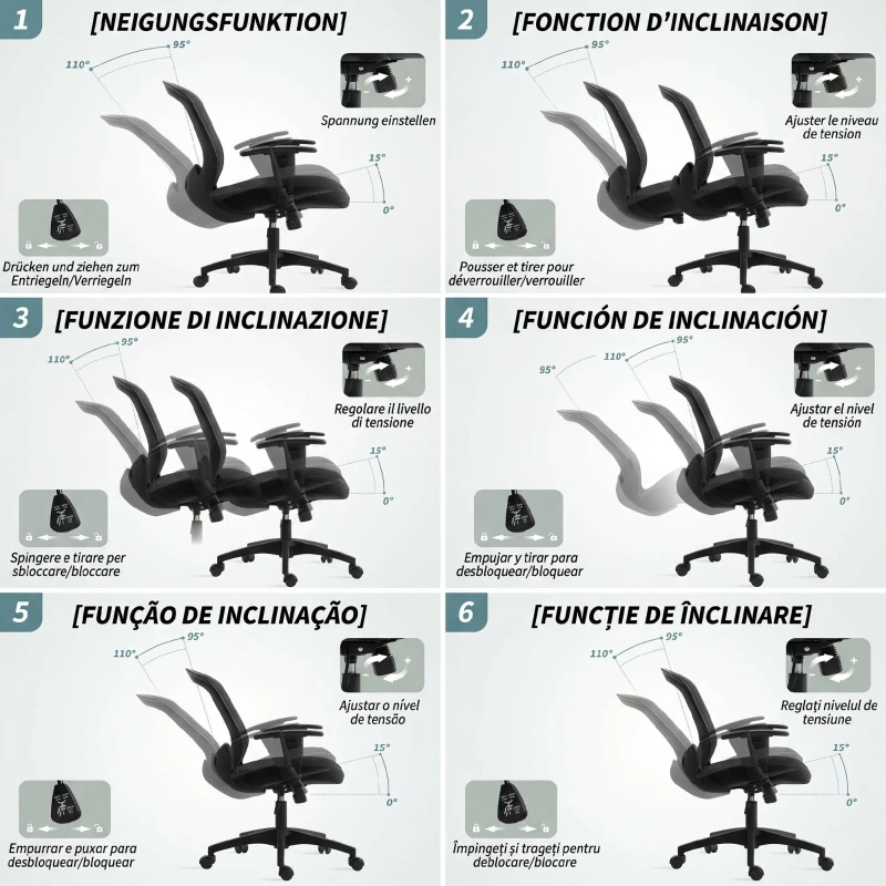 HOMCOM Scaun de Birou Respirabil și Reglabil pe Înălțime, din Material Plasă, 65x59x92.5-102.5 cm, Negru