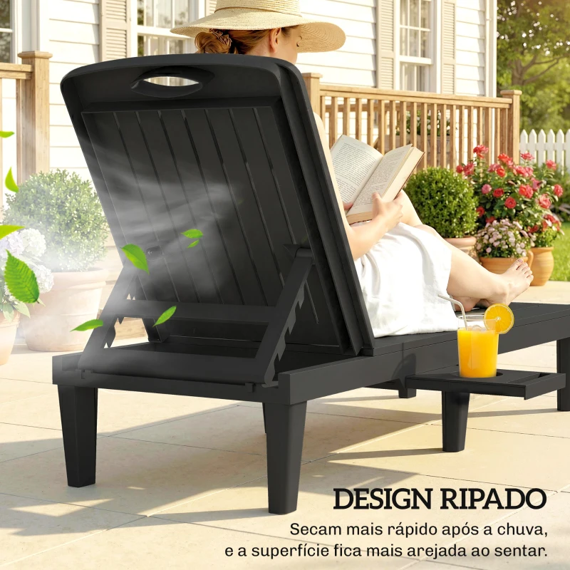 Outsunny Conjunto de 2 Espreguiçadeiras Reclináveis em Plástico PP com Bandeja Lateral e Encosto Ajustável 5 Níveis 192x57x28,5 cm Preto