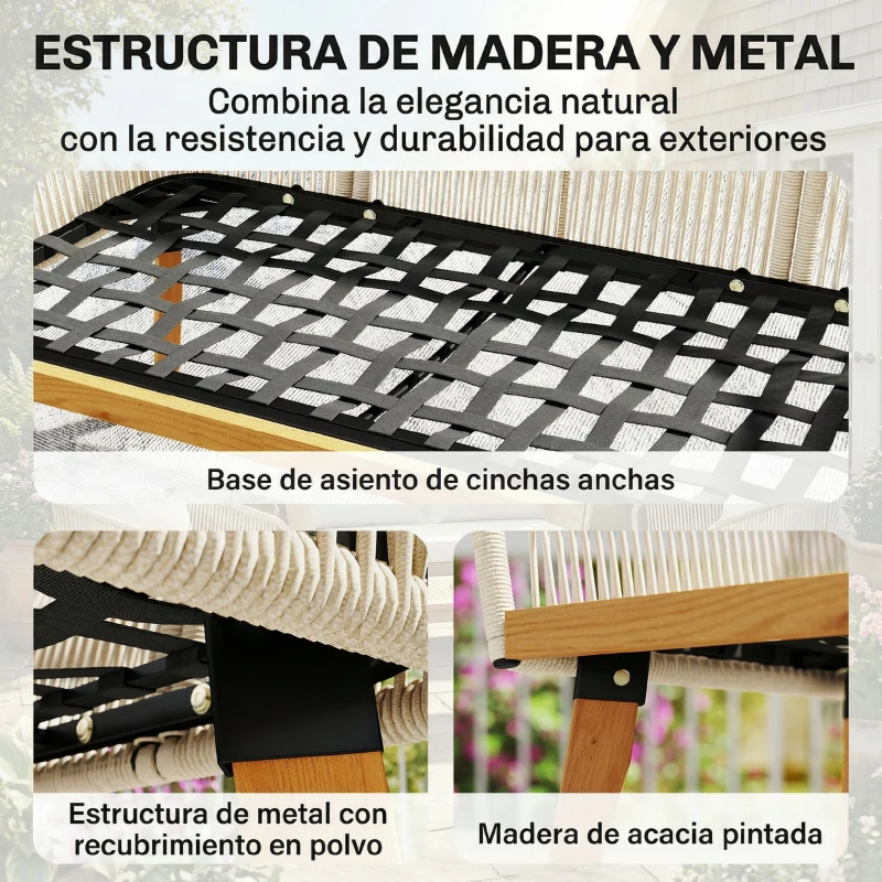 Outsunny Conjunto de Jardín Exterior 4 Piezas Sofá 2 Plazas 2 Sillones Cuerda PP Mesa Marco de Acero y Madera Acacia Cojines